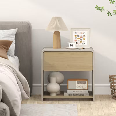 Modern nachtkastje met twee lagen en lade in contrasterende kleuren