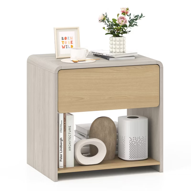 Modern nachtkastje met twee lagen en lade in contrasterende kleuren